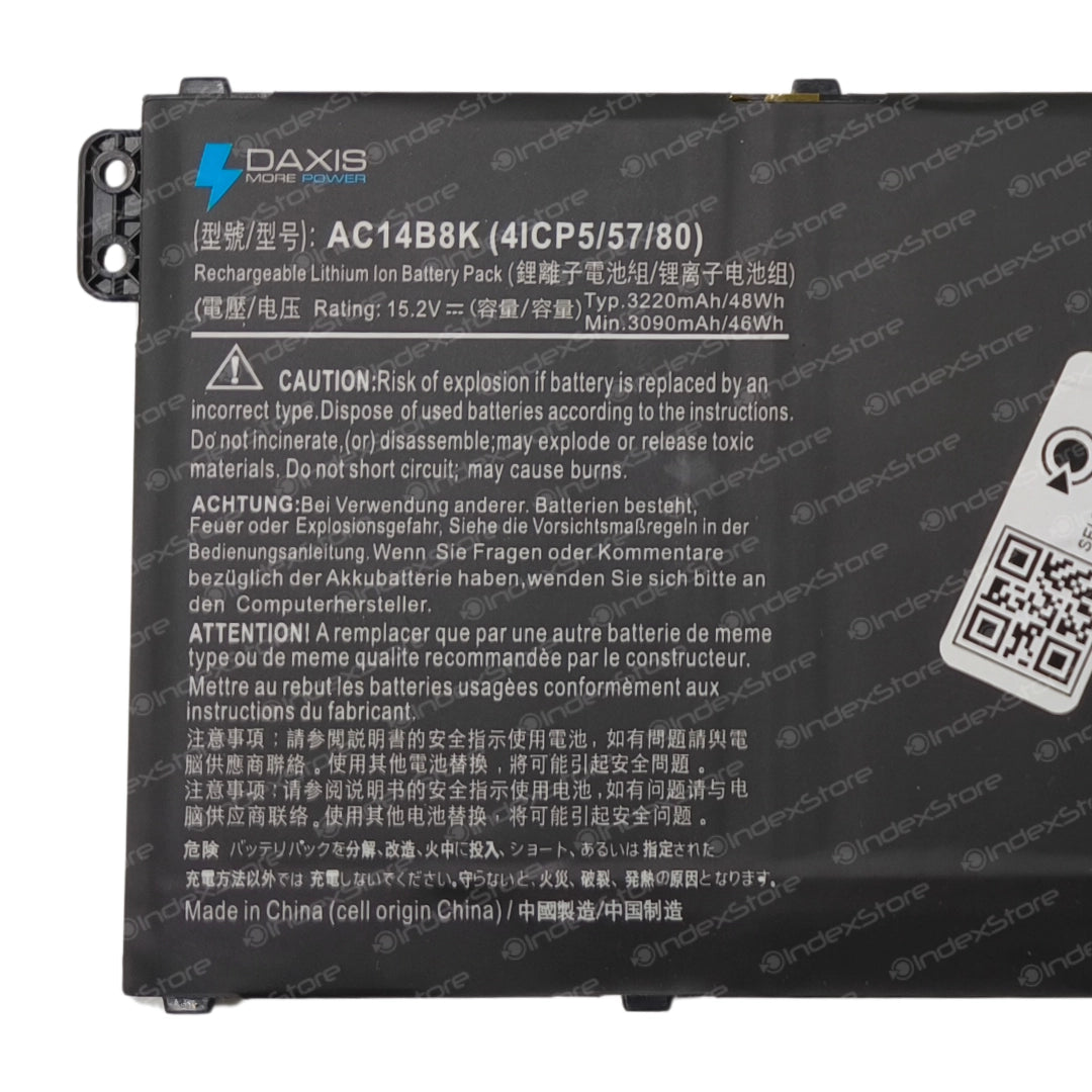 Batería interna para notebook 15.2V ~ 17,2V / 46Wh ~ 48Wh 4 celdas, nueva probada, 6 meses de garantía. Compatible con N° de parte AC14B18J, 3ICP5/57/80, KT.0030G.004, AC14B8K, KT.00403.024