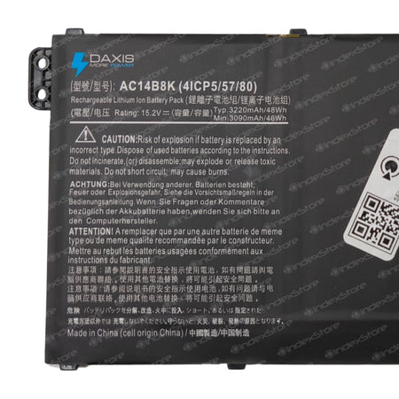 Batería interna para notebook 15.2V ~ 17,2V / 46Wh ~ 48Wh 4 celdas, nueva probada, 6 meses de garantía. Compatible con N° de parte AC14B18J, 3ICP5/57/80, KT.0030G.004, AC14B8K, KT.00403.024