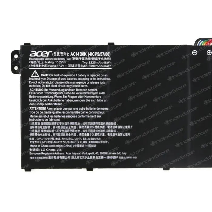 Batería interna para notebook Acer de 15.2V ~ 17,2V / 46Wh ~ 48Wh 4 celdas, nueva probada, 6 meses de garantía. Compatible con N° de parte AC14B18J, 3ICP5/57/80, KT.0030G.004, AC14B8K, KT.00403.024