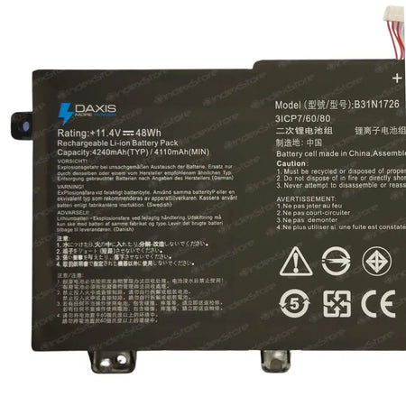 Batería interna para notebook Hp de  +11.4V 48Wh 4 celdas, nueva probada, 6 meses de garantía. Compatible con N° de parte B31N1726, 3ICP7/60/80, 0B200-02910000, 0B200-02910200, B31BNEH, B31BN91, A41LK9H, 0B200-02910000

Nota: La batería B31N1726 tiene dos tipos de cables: CORTO y LARGO. El que vendemos es CORTO. No pueden reemplazarse entre sí.