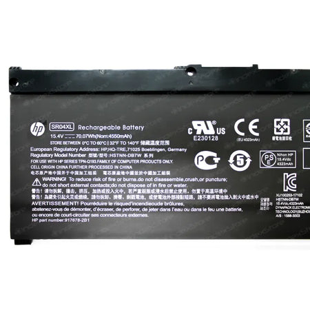 Batería interna para notebook Hp de 15.4V 70.07Wh 4 celdas, nueva probada, 6 meses de garantía. Compatible con N° de parte SR04XL, SR03XL,  TPN-Q193,  HSTNN-IB7Z, 917678-1B1, 917678-171,  917724-855