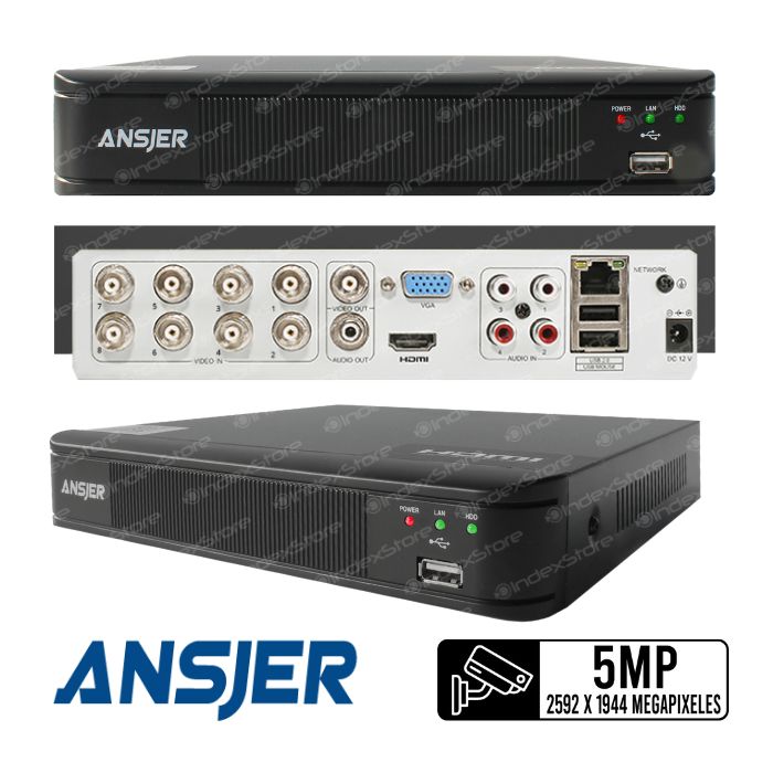 DRV Ansjer de 8 Canales para conectar cámaras de seguridad. El DVR incluye salida de video en formatos VGA y HDMi. Incluye tres conexiones USB para conectar Mouse, Teclado o Pendrive, entrada para cable Ethernet. Utiliza un cargador de 12V (incluido)