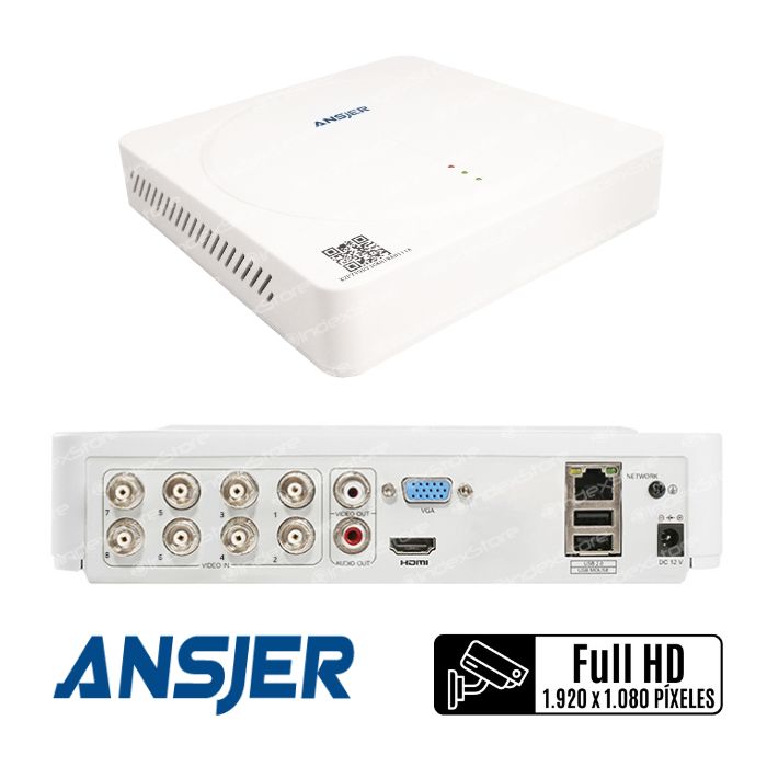DRV Ansjer de 8 Canales para conectar cámaras de seguridad. El DVR incluye salida de video en formatos VGA y HDMi. Incluye dos conexiones USB para conectar Mouse, Teclado o Pendrive, entrada para cable Ethernet. Utiliza un cargador de 12V (incluido)