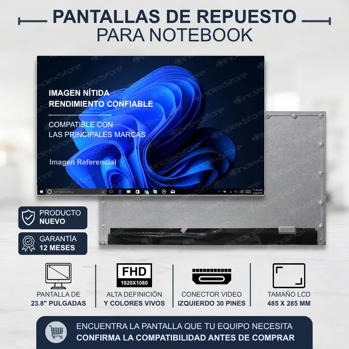Pantalla All-in-One 23.8" LED FHD de 535x313mm. Conector video 30 pines, conector poder 6 pines esquina inferior izquierda, sin touch. Nueva con 12 meses de garantía. Compatible con N° de parte M238HVN02.1. Apta para HP, Lenovo, Dell, Asus, Acer.