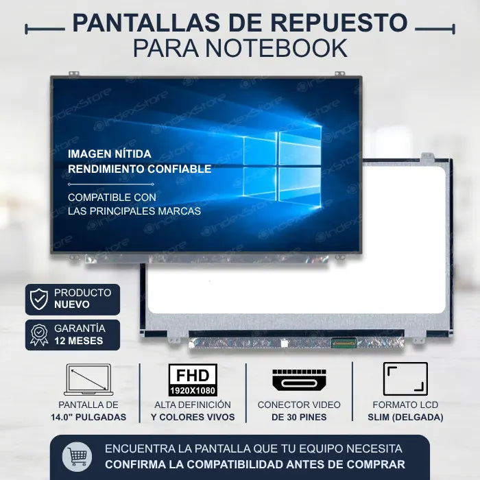 Pantalla de notebook Slim de 14.0 pulgadas, 30 pines, resolución Fhd, soportes arriba y abajo. Compatible con notebook de varias marcas (DELL, HP, ASUS, LENOVO, ACER, entre otras). 