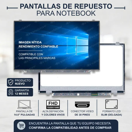 Pantalla de notebook Slim de 14.0 pulgadas, 30 pines, resolución Fhd, soportes arriba y abajo. Compatible con notebook de varias marcas (DELL, HP, ASUS, LENOVO, ACER, entre otras). 