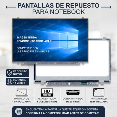 Pantalla de notebook Slim de 14.0 pulgadas, 30 pines, resolución Hd, soportes arriba y abajo. Pantalla de Notebook compatible con equipos HP, Lenovo, Dell, Asus, Acer, Toshiba, Sony Vaio, Samsung, Msi