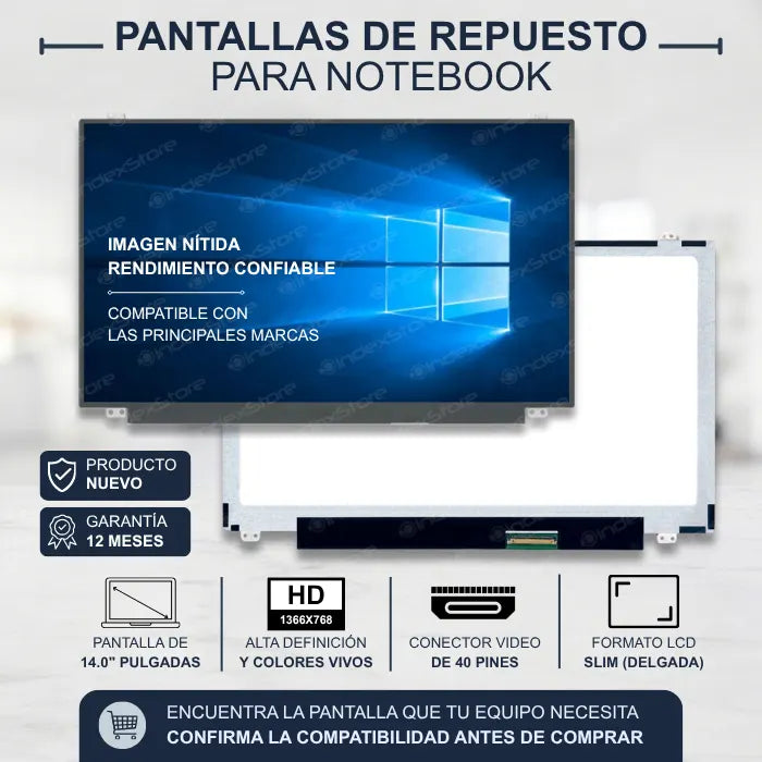 Pantalla de notebook Slim de 14.0 pulgadas, 40 pines, resolución Hd, soportes arriba y abajo. Pantalla de Notebook compatible con equipos HP, Lenovo, Dell, Asus, Acer, Toshiba, Sony Vaio, Samsung, Msi