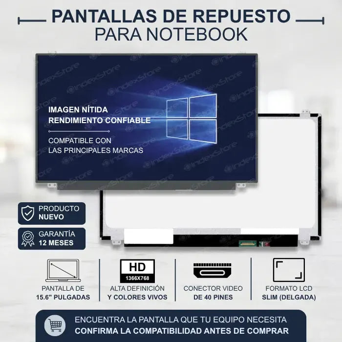 Pantalla de notebook Slim de 15.6 pulgadas, 40 pines, resolución Hd, soportes arriba y abajo. Pantalla de Notebook compatible con equipos HP, Lenovo, Dell, Asus, Acer, Toshiba, Sony Vaio, Samsung, Msi