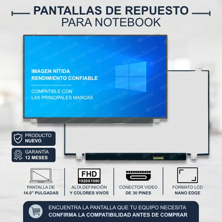 Pantalla de notebook Thin Bezel de 14.0 pulgadas, 30 pines, resolución Fhd, soportes arriba y abajo. Pantalla de Notebook compatible con equipos HP, Lenovo, Dell, Asus, Acer, Toshiba, Sony Vaio, Samsung, Msi