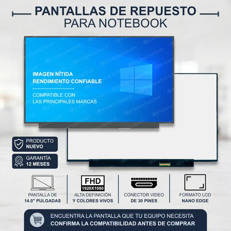 Pantalla de notebook Thin Bezel de 14.0 pulgadas, 30 pines, resolución Fhd, sin bracket. Pantalla de Notebook compatible con equipos HP, Lenovo, Dell, Asus, Acer, Toshiba, Sony Vaio, Samsung, Msi