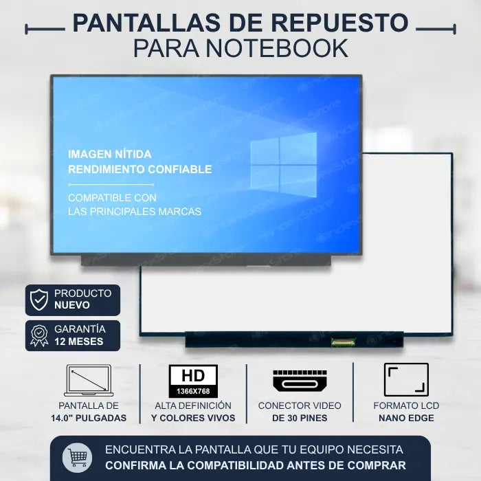 Pantalla de notebook Thin Bezel de 14.0 pulgadas, 30 pines, resolución Hd, sin bracket. Pantalla de Notebook compatible con equipos HP, Lenovo, Dell, Asus, Acer, Toshiba, Sony Vaio, Samsung, Msi