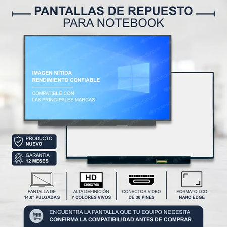 Pantalla de notebook Thin Bezel de 14.0 pulgadas, 30 pines, resolución Hd, sin bracket. Pantalla de Notebook compatible con equipos HP, Lenovo, Dell, Asus, Acer, Toshiba, Sony Vaio, Samsung, Msi