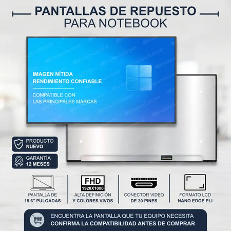 Pantalla de notebook Thin Bezel Pli de 15.6 pulgadas, 30 pines, resolución Fhd, sin bracket. Pantalla de Notebook compatible con equipos HP, Lenovo, Dell, Asus, Acer, Toshiba, Sony Vaio, Samsung, Msi