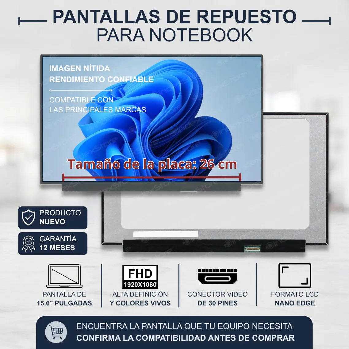 Pantalla de notebook Thin Bezel de 15.6 pulgadas, 30 pines, resolución Fhd, sin bracket y placa lógica de 26 centímetros de ancho. Pantalla de Notebook compatible con equipos HP, Lenovo, Dell, Asus, Acer, Toshiba, Sony Vaio, Samsung, Msi