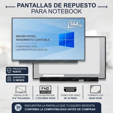Pantalla de notebook Thin Bezel de 15.6 pulgadas, 40 pines, resolución Fhd, sin bracket de 144hz. Pantalla de Notebook compatible con equipos HP, Lenovo, Dell, Asus, Acer, Toshiba, Sony Vaio, Samsung, Msi