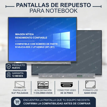 Pantalla de notebook Thin Bezel de 16.0 pulgadas, 30 pines, resolución Fhd, sin bracket. Pantalla de Notebook compatible con equipos HP, Lenovo, Dell, Asus, Acer, Toshiba, Sony Vaio, Samsung, Msi