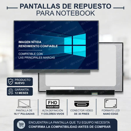 Pantalla de notebook Thin Bezel de 16.1 pulgadas, 30 pines, resolución Fhd, sin bracket. Pantalla de Notebook compatible con equipos HP, Lenovo, Dell, Asus, Acer, Toshiba, Sony Vaio, Samsung, Msi