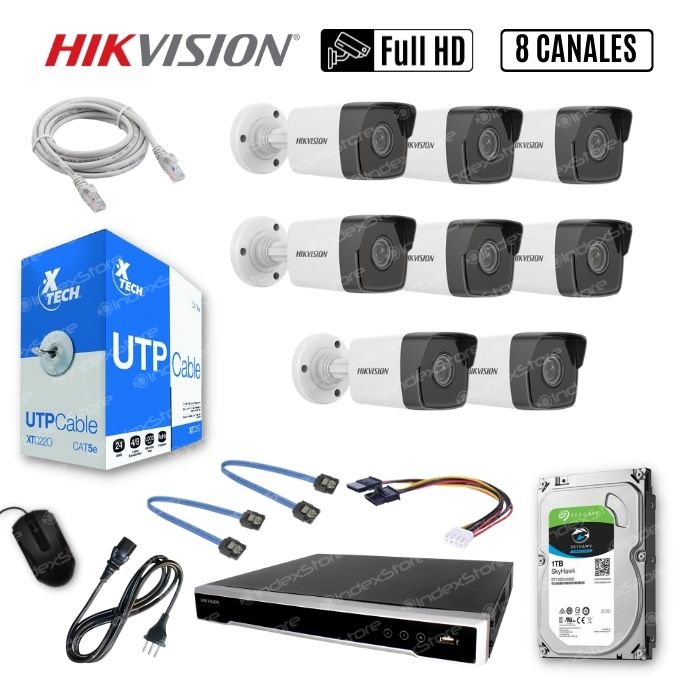 Kit Cámaras Hikvision NVR WiFi 8CH 8CAM Bullet FHD Con Disco 1TB